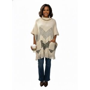 Elizabeth and James Oversized Knit Fringe Poncho Cape O/S Cream Chevron